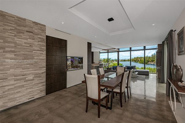 Dining room, Interior, Pendant Lights, Recessed Lighting, Water, Wooden Walls