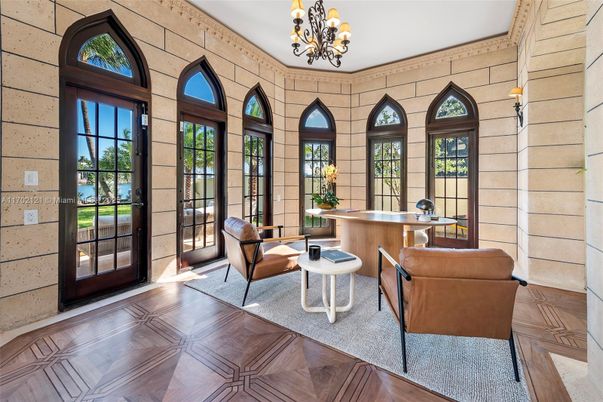 Chandelier, Home Office, Interior, Stone Walls, Wood Texture Flooring