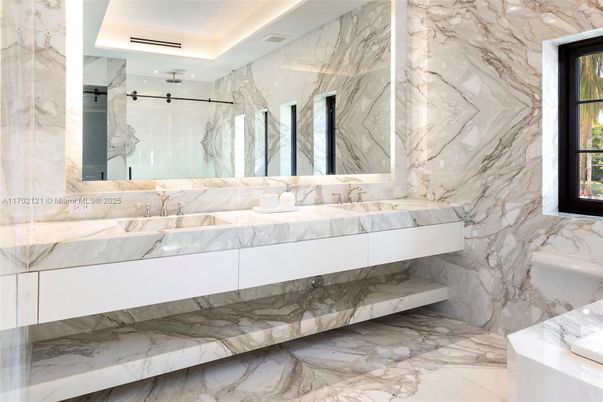 Bathroom, Dual Sink Vanities, Interior, Marble, Marble Walls, Recessed Lighting