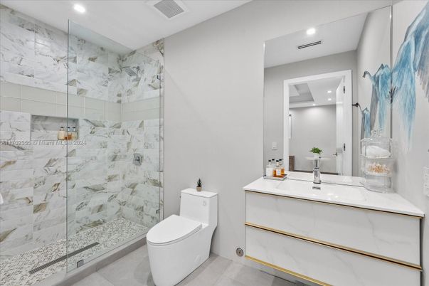 Bathroom, Glass Shower, Interior, Marble Walls, Recessed Lighting