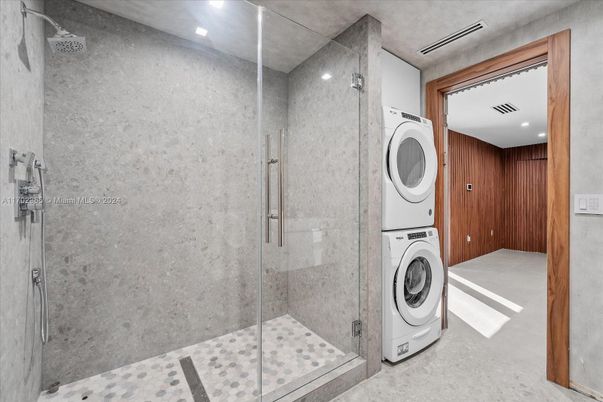 Bathroom, Glass Shower, Interior, Recessed Lighting, Utility Closets, Washer