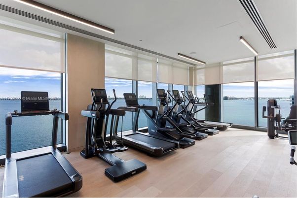 Fitness Equipment, Gym, Interior, Recessed Lighting, Water, Wood Texture Flooring