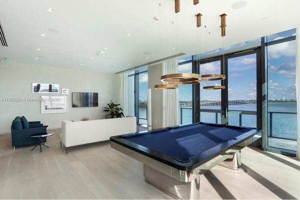 Billiard Table, Game Room, Interior, Pendant Lights, Recessed Lighting, Water, Wood Texture Flooring