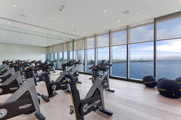 Fitness Equipment, Gym, Interior, Recessed Lighting, Water, Wood Texture Flooring