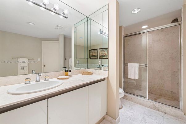 Bathroom, Dual Sink Vanities, Glass Shower, Interior, Recessed Lighting