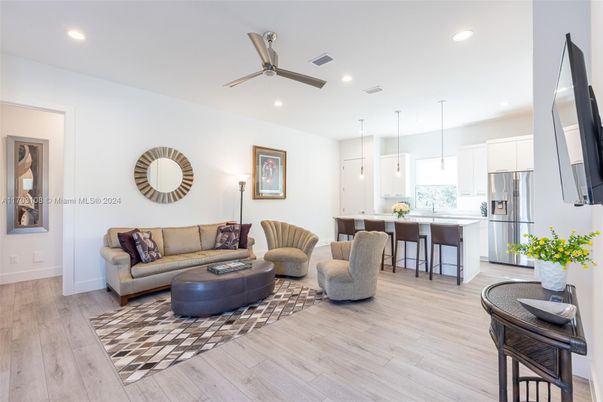 Interior, Kitchen, Living room, Pendant Lights, Recessed Lighting, Stainless Steel Appliances, Wood Texture Flooring