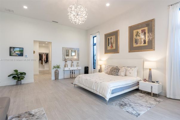 Bedroom, Chandelier, Interior, Recessed Lighting, Wood Texture Flooring