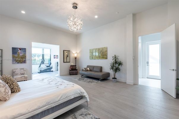 Bedroom, Chandelier, Interior, Recessed Lighting, Wood Texture Flooring