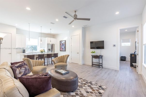 Interior, Kitchen, Living room, Pendant Lights, Recessed Lighting, Wood Texture Flooring