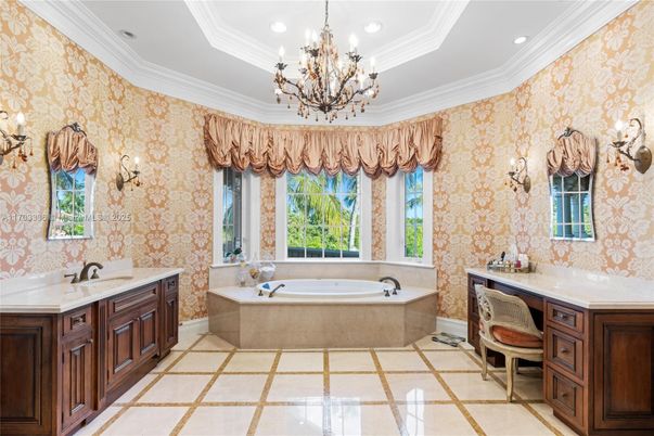 Bathroom, Chandelier, Dual Sink Vanities, Interior, Recessed Lighting