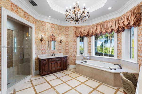 Bathroom, Chandelier, Glass Shower, Interior, Recessed Lighting