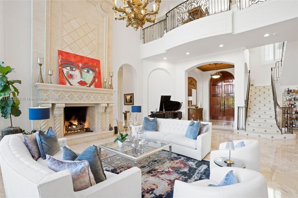 Chandelier, Fireplace, Interior, Living room, Piano, Recessed Lighting