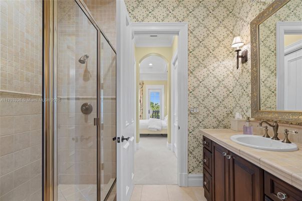 Bathroom, Bedroom, Glass Shower, Interior, Recessed Lighting, Tile Countertops