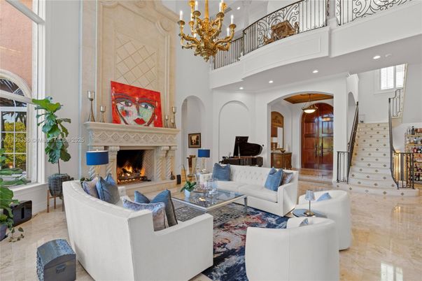 Chandelier, Fireplace, Interior, Living room, Piano, Recessed Lighting