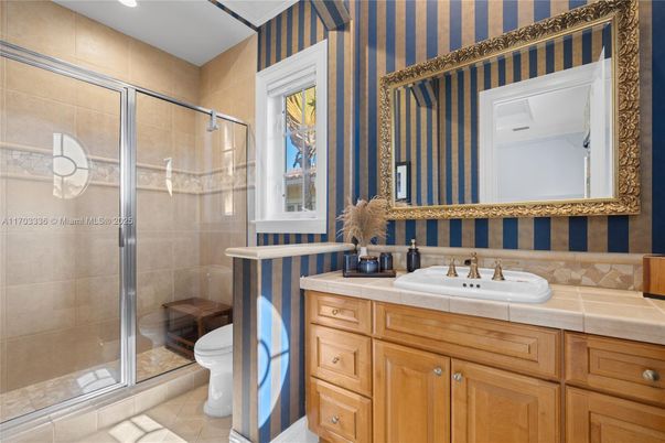 Bathroom, Glass Shower, Interior, Recessed Lighting, Tile Countertops