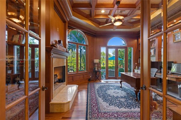 Fireplace, Home Office, Interior, Recessed Lighting, Wooden Beams, Wooden Ceilings, Wood Texture Flooring, Wooden Walls