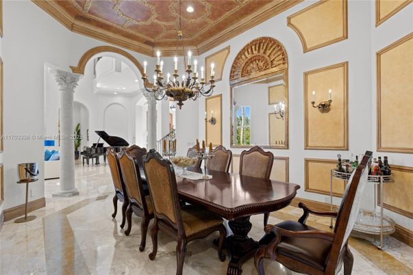 Chandelier, Dining room, Interior, Piano, Recessed Lighting