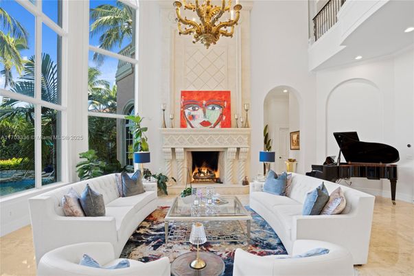Chandelier, Fireplace, Interior, Living room, Piano, Recessed Lighting