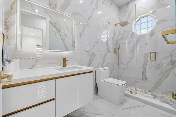 Bathroom, Glass Shower, Interior, Marble, Marble Walls, Recessed Lighting