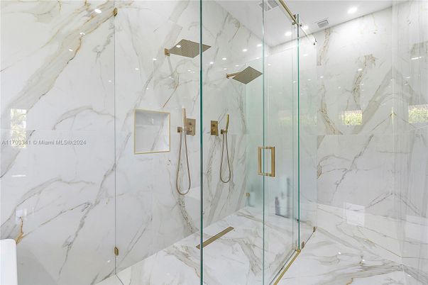 Bathroom, Glass Shower, Interior, Marble, Marble Walls, Recessed Lighting