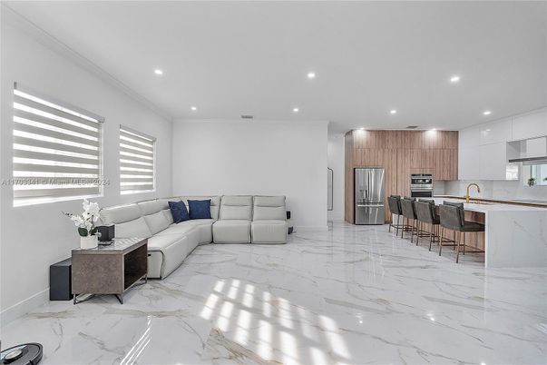 Interior, Kitchen, Living room, Marble, Recessed Lighting, Stainless Steel Appliances