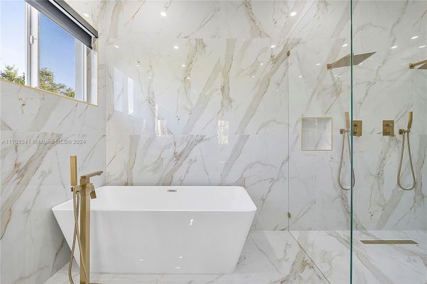 Bathroom, Free Standing Baths, Glass Shower, Interior, Marble, Marble Walls