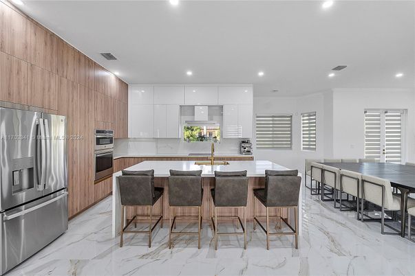 Interior, Kitchen, Marble, Recessed Lighting, Stainless Steel Appliances