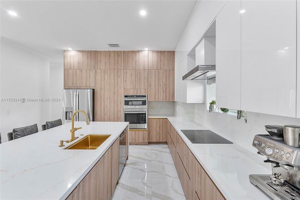 Interior, Kitchen, Marble, Recessed Lighting, Stainless Steel Appliances