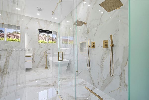 Bathroom, Glass Shower, Interior, Marble, Marble Walls, Recessed Lighting