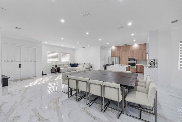 Dining room, Interior, Kitchen, Living room, Marble, Recessed Lighting, Stainless Steel Appliances
