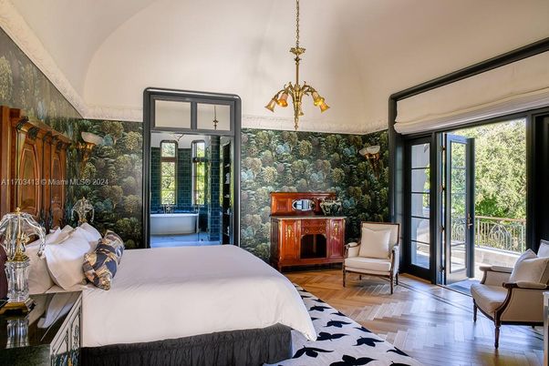 Bedroom, Chandelier, Fireplace, Interior, Wood Texture Flooring
