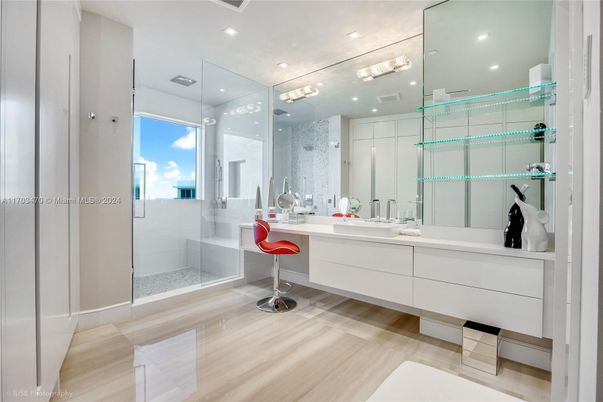 Bathroom, Glass Shower, Interior, Recessed Lighting, Wood Texture Flooring