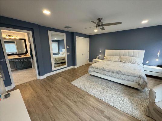 Bedroom, Interior, Recessed Lighting, Wood Texture Flooring