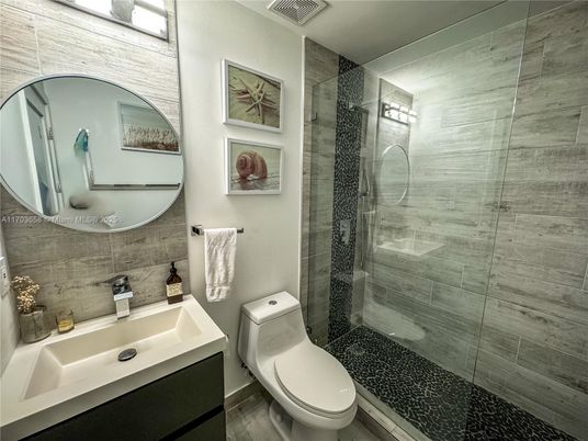 Bathroom, Glass Shower, Interior, Wood Texture Flooring