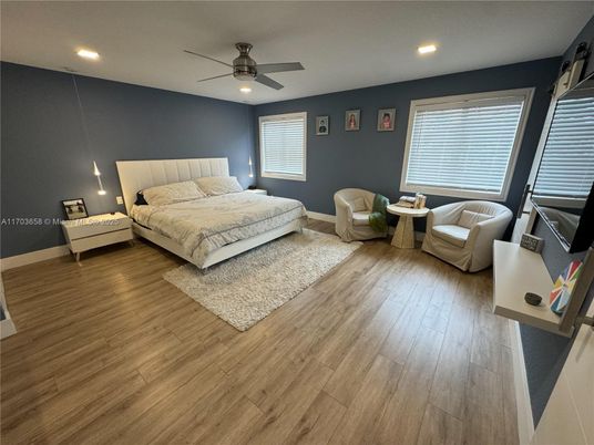 Bedroom, Interior, Recessed Lighting, Wood Texture Flooring