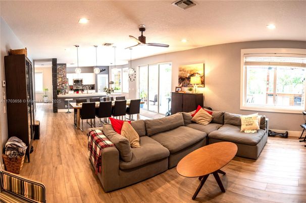 Dining room, Interior, Kitchen, Living room, Pendant Lights, Recessed Lighting, Wood Texture Flooring