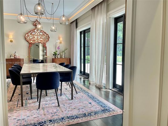 Dining room, Interior, Pendant Lights, Wood Texture Flooring