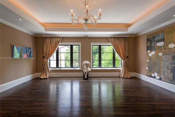 Chandelier, Empty room, Interior, Recessed Lighting, Wood Texture Flooring