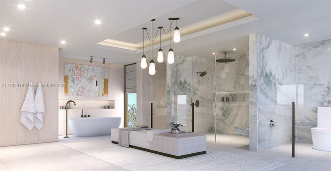 Bathroom, Free Standing Baths, Glass Shower, Interior, Marble Walls, Pendant Lights, Recessed Lighting