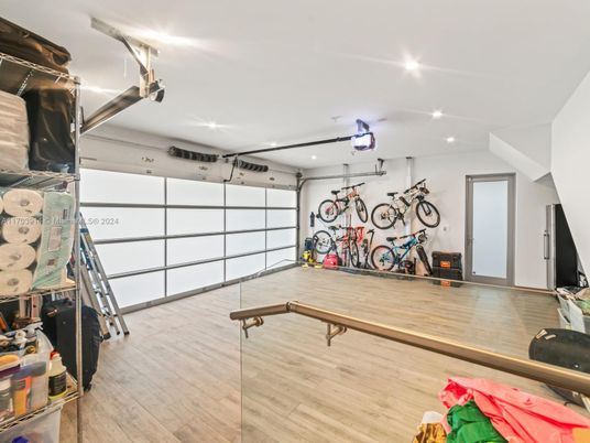 Fitness Equipment, Garage, Interior, Recessed Lighting, Wood Texture Flooring