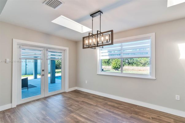 Empty room, Interior, Pendant Lights, Recessed Lighting, Wood Texture Flooring