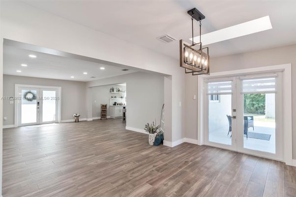 Empty room, Interior, Kitchen, Pendant Lights, Recessed Lighting, Wood Texture Flooring