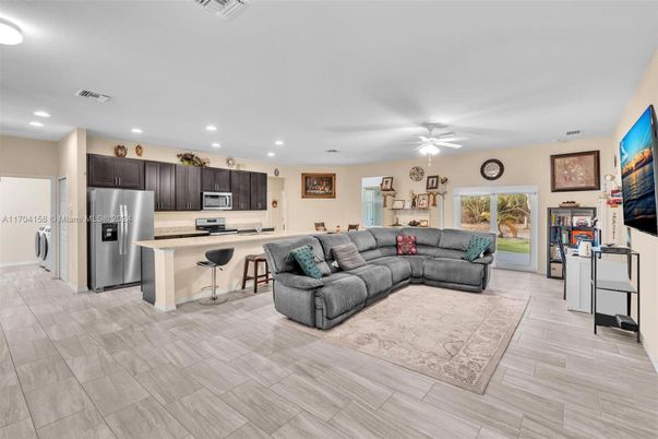 Interior, Kitchen, Living room, Recessed Lighting, Stainless Steel Appliances, Wood Texture Flooring