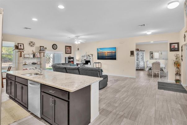Dining room, Interior, Kitchen, Living room, Recessed Lighting, Wood Texture Flooring