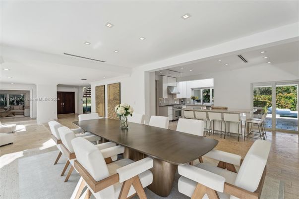 Dining room, Interior, Kitchen, Living room, Recessed Lighting, Stainless Steel Appliances, Wood Texture Flooring