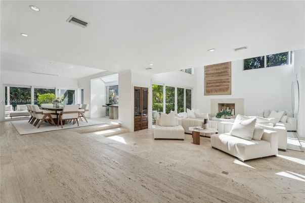 Dining room, Fireplace, Interior, Living room, Recessed Lighting, Wood Texture Flooring