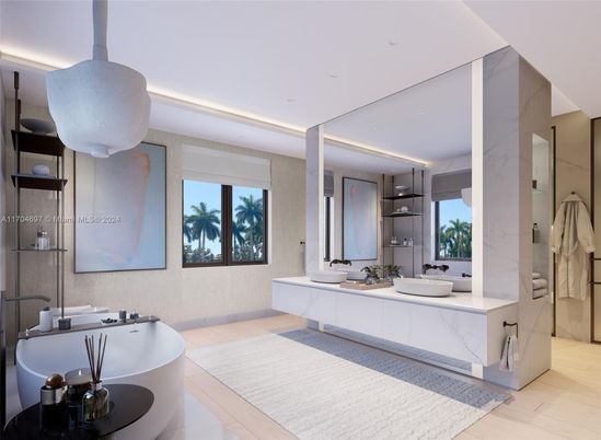 Bathroom, Dual Sink Vanities, Free Standing Baths, Glass Shower, Interior, Marble Walls, Recessed Lighting, Wood Texture Flooring