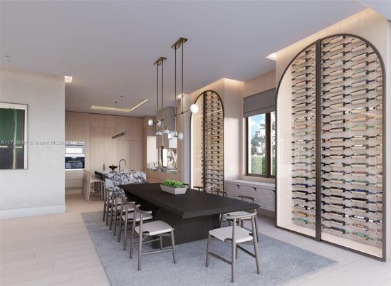 Dining room, Interior, Pendant Lights, Recessed Lighting, Wine Storage, Wood Texture Flooring