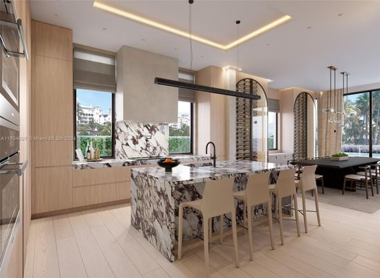 Dining room, Interior, Kitchen, Pendant Lights, Recessed Lighting, Wood Texture Flooring