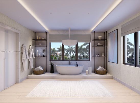 Bathroom, Free Standing Baths, Interior, Recessed Lighting, Wood Texture Flooring